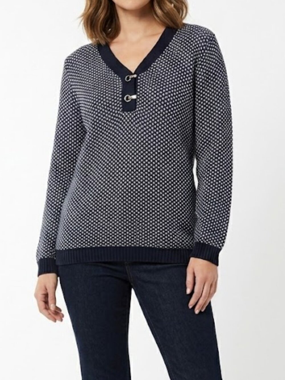 Karen Scott V- Neck Henley Eye & Hook Black and White Sweater Size L